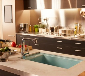 a photo of a kitchen with a sink in focus