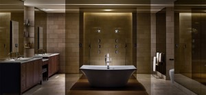 Brown themed bathroom with a kohler tub floating in the middle and two sinks